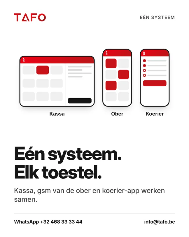 Eén systeem. Elk toestel. Kassa, gsm van de ober en koerier-app werken samen.