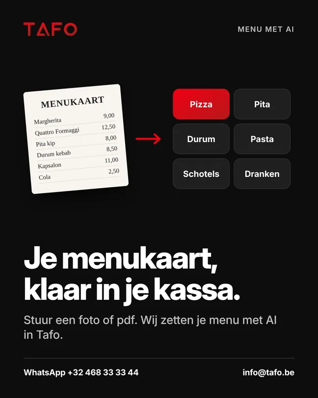 Je menukaart, klaar in je kassa. Stuur een foto of pdf. Wij zetten je menu met AI in Tafo.