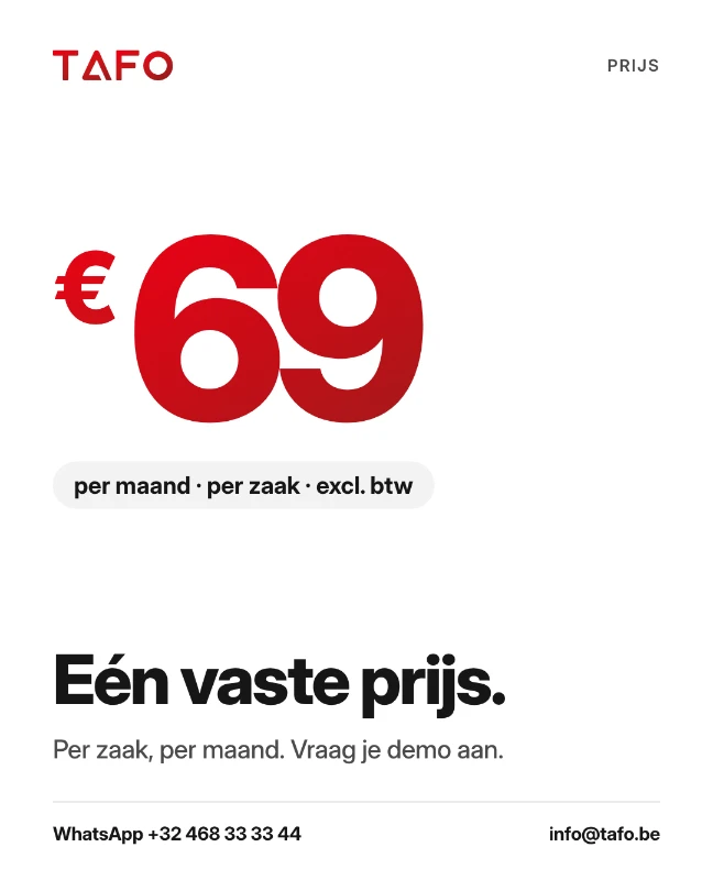 Eén vaste prijs. Per zaak, per maand. Vraag je demo aan.